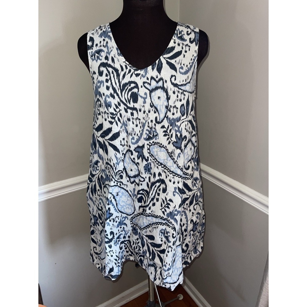 Lucky Brand Blue Paisley Sleeveless Linen A-Line Dress Pockets Women's Coastal S